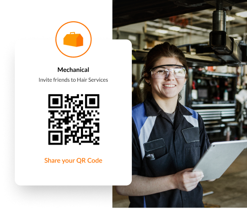 Mechanic holding a tablet next to a QR code card inviting friends to Hair Services