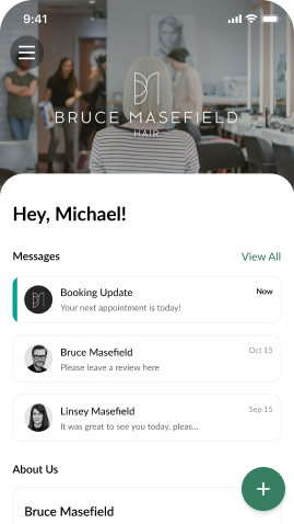 Bruce Masefield Hair app screen with messages and booking options.