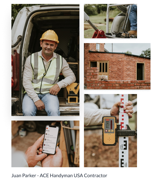 Collage of a construction worker from ACE Handyman USA with tools and a booking screen