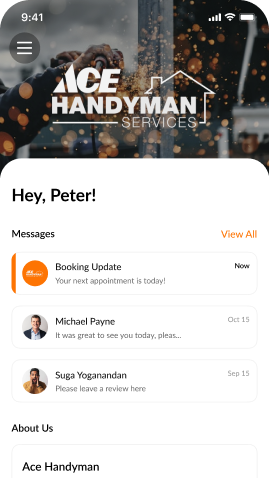 ACE Handyman Services app screen with messages and booking updates