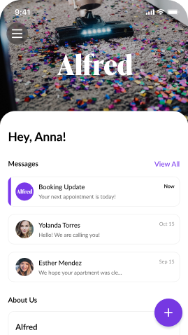 Alfred home services app screen with messages and booking updates