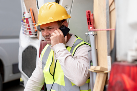 Construction worker in a hard hat and safety vest talking on a cellphone beside a work van.