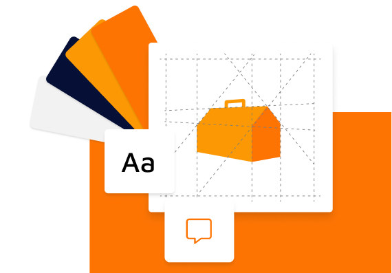 Design elements including a color palette, a grid with a toolbox icon, and text samples on an orange background