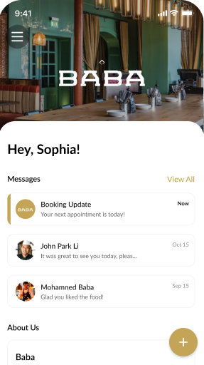 Mobile app interface showing messages, with a booking update and customer feedback, for a restaurant named BABA.