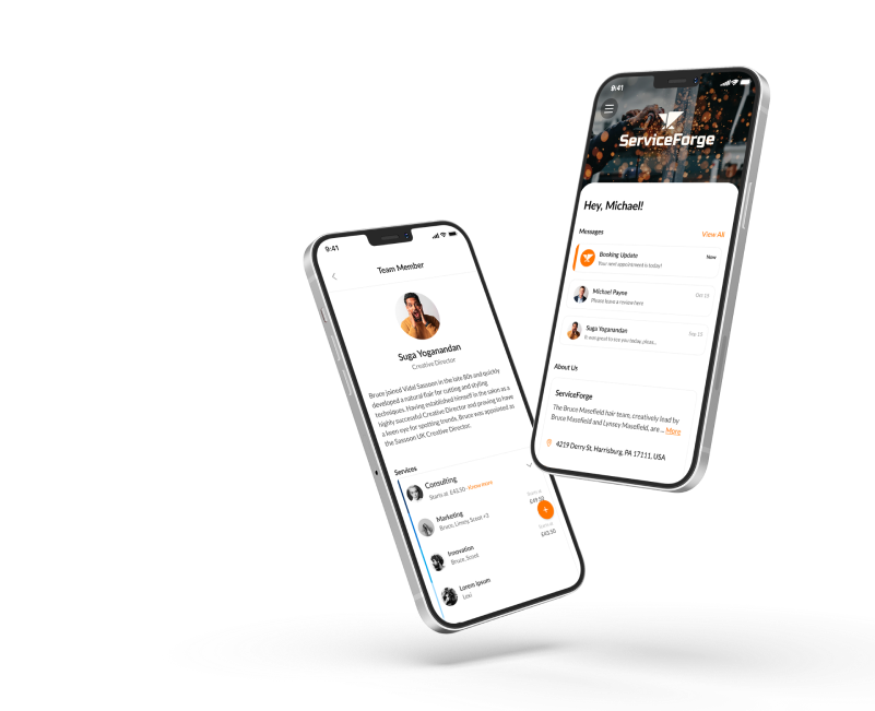 Two smartphones displaying an app interface for ServiceForge, showing team member profiles and booking updates.
